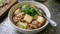 白菜と春菊でほっと温まる「肉豆腐」—豆腐に味がしみる、甘辛だしの煮込みレシピ